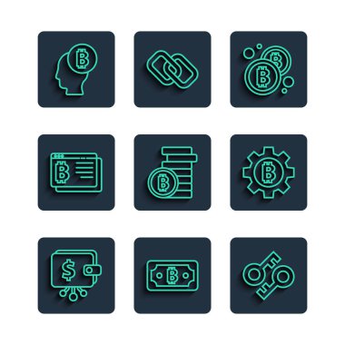 Satır şifrelenmiş para cüzdanı, bitcoin, anahtar, Bitcoin, tarayıcı, düşün ve simge. Vektör