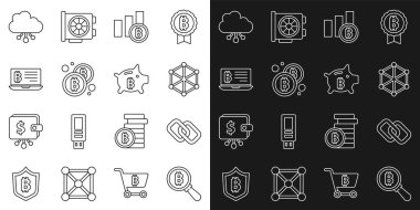 Bitcoin, zincir halkası, Blockchain teknolojisi, Pie grafiksel bitcoin, laptop 'dan madencilik, Cryptocurrency bulut madenciliği ve Piggy Bank ikonu ile hat büyüteç ayarla. Vektör