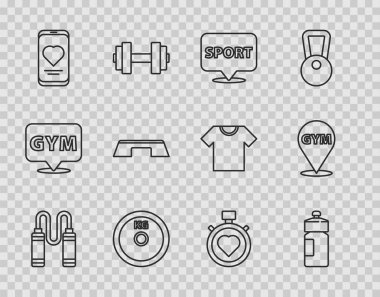 İp atlama, fitness sallayıcısı, konum spor salonu, ağırlık plakası, kalp atışlı mobil, step platformu, merkez kronometrede kalp ve ikon. Vektör