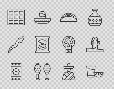 Meksika halısı, limonlu tekila bardağı, Taco tortilla, Maracas, çikolata, fasulye, sombrero ve kaktüs ikonu. Vektör