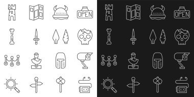 Hat müzesi ses rehberi, güvenlik kamerası, kırık insan kafatası, boynuzlu kasklı Viking, hançer, insan kemiği, kale kulesi ve taş devri ok başı ikonu. Vektör