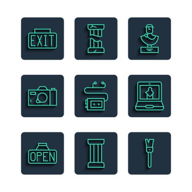 Açık, Eskiler sütunu, boya fırçası, büst heykeli, müze ses rehberi, fotoğraf makinesi, çıkış ve çevrimiçi müze ikonu ile satır asma işareti. Vektör