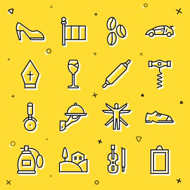 Set hattı Resim, Erkek ayakkabıları, şarap tirbuşonu, kahve çekirdekleri, cam, Papa şapkası, Kadın ve Rolling pin ikonu. Vektör