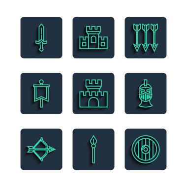 Ortaçağ yayı, ok, mızrak, yuvarlak tahta kalkan çapraz oklar kale, kale, bayrak, kılıç ve demir miğfer simgesi. Vektör