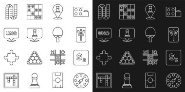Twister oyunu, Bingo, Mahjong parçaları, Satranç, Uno kartı, tahta ve raket simgesi. Vektör