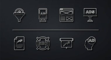 Çizgi Öncü Yönetimi, Grafik grafikli Belge, Reklamcılık, Pano, SEO optimizasyonu ve Tarayıcı pencere simgesini ayarla. Vektör