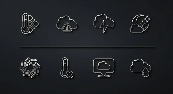 Установите Линию Метеорологический Термометр Торнадо Облако Луной Облако Местоположения Предупреждение — стоковый вектор