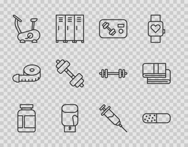 Sabit hat spor, vitamin hapı, spor salonu, spor salonu kartı, boks eldiveni, sabit bisiklet, Dumbbell, Doping şırınga ve havlu yığını ikonu. Vektör