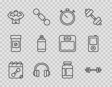 Takvim fitness, Barbell, Stopwatch, Kulaklıklar, Vücut geliştirme kası, Kum Torbası, Spor Beslenme ve Müzik Çalar ikonu. Vektör