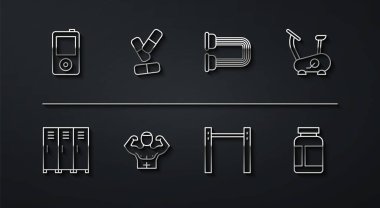 Set hattı müzik çalar, dolap ya da soyunma odası, sabit bisiklet, yatay bar, vücut geliştirme kası, vitamin hapı, spor beslenme ve göğüs genişletme ikonu. Vektör