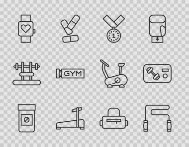 Anabolik ilaçlar, ip atlama, madalya, koşu bandı, akıllı saat, spor salonu, spor çantası ve spor salonu, kart ikonu. Vektör
