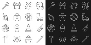 Metal mızrak direği, telsiz, yangın botları, gaz maskesi, ilk yardım çantası, hortum makarası, ateşle yanan kibrit ve ikon yok. Vektör