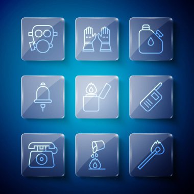 Hattı ayarla 911 'i ara, yangın söndürme, yangın söndürme kibriti, teneke yakıt, çakmak, zil, gaz maskesi ve telsiz konuşma ikonu. Vektör