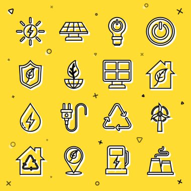 Hat fabrikası, rüzgar türbini, çevre dostu ev, yıldırımlı ampul, toprak küresi ve yaprak, kalkan, güneş enerjisi paneli ve ikon. Vektör