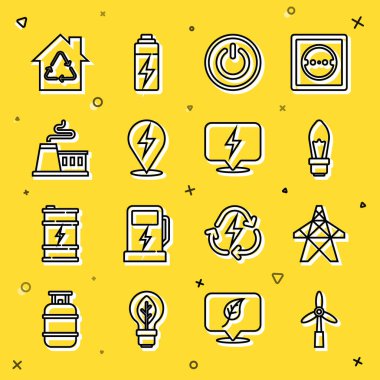 Hat rüzgar türbini, elektrik kulesi, ampul, elektrik düğmesi, yıldırım, fabrika, geri dönüşümlü ve ikonlu Eco House. Vektör