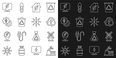 Hat fabrikası, rüzgar türbini, geri dönüşümlü pil, çevre dostu ev, geri dönüşüm, konum yaprağı ve güneş enerjisi panel ikonu. Vektör