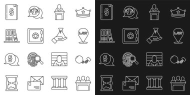 Jüri üyelerini belirle, topu zincirle, konum hukuku, yargıç, kasa, ofis dosyaları, hukuk kitabı ve rüşvet para çantası ikonu. Vektör