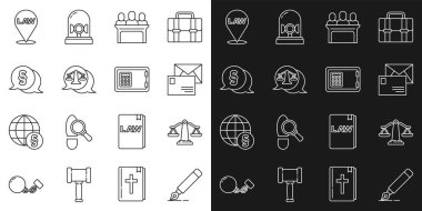 Dolma kalem ucu, adalet terazisi, Zarf, Jüri, Hukuk, Konum Kanunu ve Güvenli Simge. Vektör