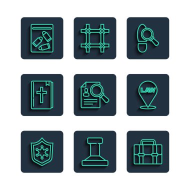 Polis rozeti, Pul, Evrak Çantası, Adımlar, Kağıt Analiz Analiz Kitabı, Kutsal Kitap, Kanıt Torbası, Kurşun ve Konum Kanunu ikonu. Vektör