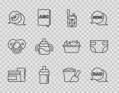 Bebek maması, konuşma balonu baba, telsiz telsizi, şişe, kürekle kovada kum ve emici bebek bezi ikonu. Vektör