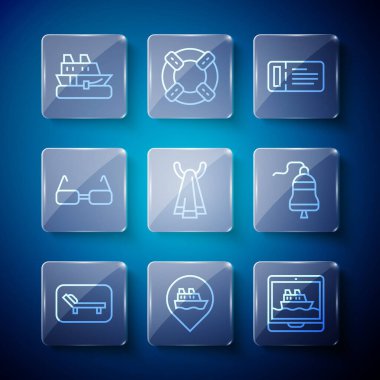 Güneş yatağı ve şemsiyesi, yolcu gemisi, Cruise, bilet, havlu askısı, gözlük ve gemi çanı ikonu olan yer. Vektör