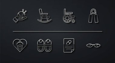 Örgü iğneli iplik topu, büyükanne, spor büyüteç, reçete, terlik, sallanan sandalye, gözlük ve tekerlekli sandalye ikonu. Vektör