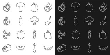 Karpuz, çan biberi, patlıcan, erik meyvesi, domates ve brokoli ikonu. Vektör