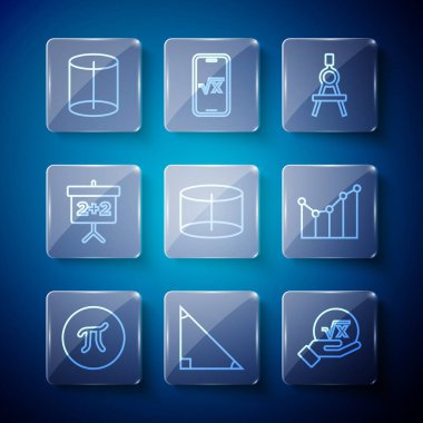 Çizgi Pi sembolünü, üçgen matematiğini, x sembolünün kare kökünü, çizim pusulasını, Geometrik silindiri, Kiremit tahtasını ve Grafik, zamanlama, grafik, diyagram simgesini ayarla. Vektör