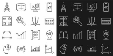 Grafik, çizelge, grafik, diyagram, x kabartmasının kare kökü, hesap makinesi, grafikli bilgisayar monitörü, büyüteç yüzde, pusula ve simge çizimi. Vektör