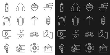 Çin evi, Çin bayrağı, kağıt fener, konik hasır şapka, çay töreni, Japon Kapısı, Havai fişek ve güneş ikonundan Japon şemsiyesi. Vektör