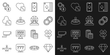 Set hattı Diamond, kumarhane kumar makinesi yonca, fiş, online poker masası oyunu, rulet masası tekerleği, oyun zarları, takas parası ve piyango ikonu. Vektör