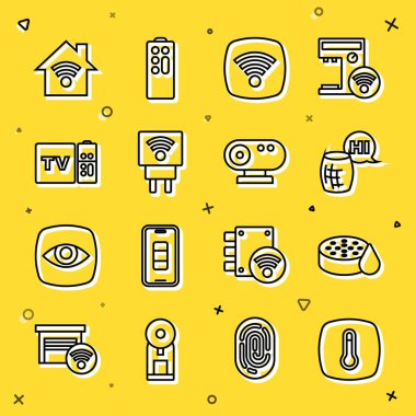 Hat termostat, su sensörü, ses asistanı, kablosuz internet ağı, akıllı elektrik prizi, multimedya ve TV kutusu alıcısı, kablosuz ağ ve web kamera ikonu olan ev. Vektör