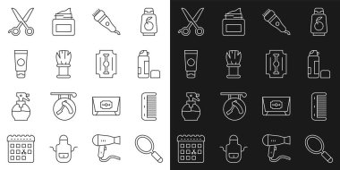 Çizgili el aynası, saç fırçası, tıraş jeli köpüğü, elektrikli saç makası, krem kozmetik tüp, makas kuaförü ve jilet ikonu. Vektör