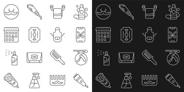 Elektrikli saç kesme makinesi, jiletli berber dükkanı, online servis platformu, havlu askısı, Blade, takvim saç kesimi günü, bıyık ve önlük ikonu. Vektör