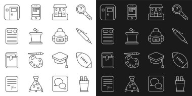 Kalem kutusu kırtasiyesi, Amerikan futbol topu, okul binası, sahne standı, dosya klasörü, sınıf ve sırt çantası ikonu. Vektör