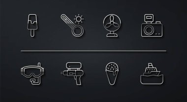 Dondurma, dalış maskesi, flaşlı fotoğraf makinesi, waffle külahı, su tabancası, meteoroloji termometresi, gezi gemisi ve elektirikli fan ikonu. Vektör