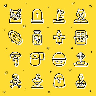 İksirli şişe, Tombstone haçı, çikolatalı çikolata, zombi eli kavanozdaki göz, Tabut, Kedi ve Korkuluk ikonu. Vektör