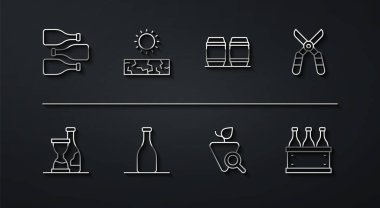 Şarap şişeleri, bahçe makası, üzüm, kuraklık, kutu ve ikon için tahta fıçı hazırlayın. Vektör