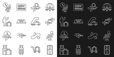 Biletli mobil hat, havaalanı terminalinde bekleyen insanlar, uçak, uçak araması, taksinin çatısı, turist valizi ve biniş ikonu için yolcu merdiveni. Vektör