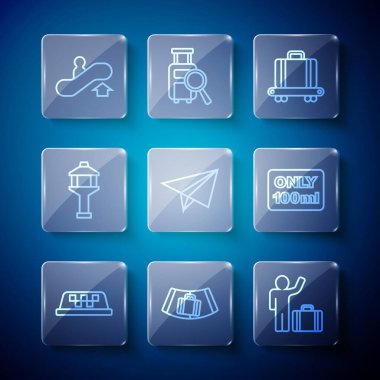 Taksi vagonunun çatısını, valizli konveyör bandını, turisti, kağıt uçağı, havalimanı kontrol kulesini, yürüyen merdivenleri ve bagaj ikonundaki sıvıları ayarlayın. Vektör