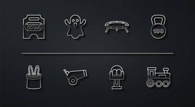 Sirk bileti, sihirbaz şapkası ve tavşan kulakları, ağırlık, atlıkarınca, top, hayalet, oyuncak tren ve zıplayan trambolin ikonu. Vektör