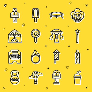 Sulu kağıt bardak, sirk bileti, sihirli değnek, trambolin, lolipop, çadır, çekici atlıkarınca ve ikon. Vektör