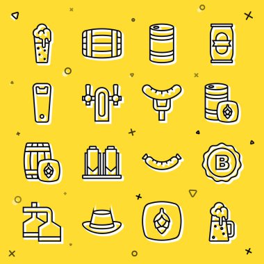 Ahşap bira kupası, şişe kapağı, metal fıçı, bira musluğu, açacağı, çatal ikonunda bir bardak sosis. Vektör