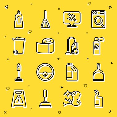 Bulaşık deterjanı, faraş, oda spreyi, ev temizleme servisi, tuvalet kağıdı rulosu, çöp tenekesi ve elektrik süpürgesi ikonu. Vektör