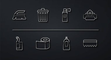 Temizlik için sıra fırçası, bulaşık deterjanı, ıslak mendil, tuvalet kağıdı rulosu, çöp tenekesi, sprey ve hava spreyi ikonu. Vektör