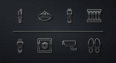 Askeri bıçak, el feneri, hapishane penceresi, güvenlik kamerası, kasa, polis şapkası, kokkade, ayak sesleri ve elektrik şoku ikonu. Vektör