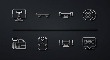 Çizgi kaykay T aracı, sinema kamerası, tekerlek, beysbol şapkası ve ikon. Vektör