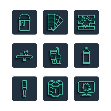 Çizgi fırçası, sprey boya, evi boyamak, boyayla tüp boyamak ve silah, kova ve ikon. Vektör