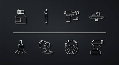 Çizgi boya, guaj, kavanoz, boya, fırça, sprey tabanca, gaz maskesi, kova ve ikon. Vektör