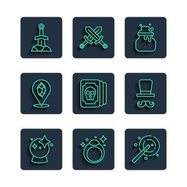 Sihirli top, taş yüzük, değnek, cadı kazanı, Tarot kartları, Kılıç ve Sihirbaz ikonu. Vektör